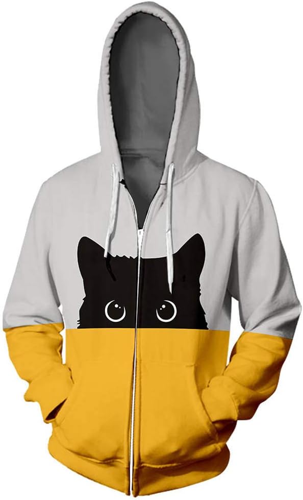 Women's Hoodie Couple Hooded Lover Cat Print Hoodie Tops Hip Hop Zipper Color Stamped Long Sleeve Blouse Coat