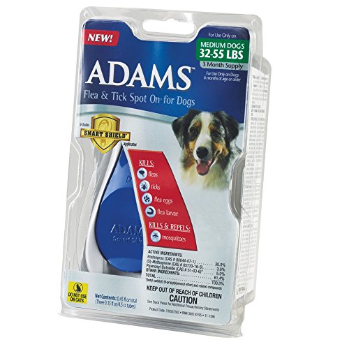 Adams Flea and Tick Spot On for Dogs, Medium Dogs 32-55 Pounds, 3 Month Supply, With Applicator Adams Flea and Tick Spot On for Dogs, Medium Dogs 32-55 Pounds, 3 Month Supply, With Applicator