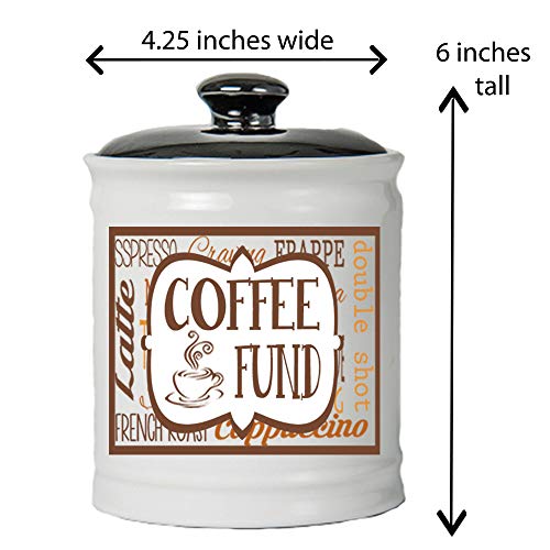Tumbleweed - Coffee Fund - White Round Ceramic Piggy Bank Jar With Black Lid - Coffee Gifts
