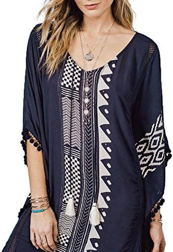 YOGHOG Women Beachwear Bikini Swimsuit Dress Bikini Cover up Bohemia Sunscreen Bikini Coverup (D2, Cotton)