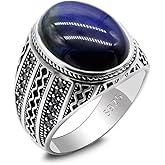Artever S925 Sterling Silver Blue Tiger Eye Men's Ring Engraving Design Jewelry Handmade Unique Birthday Gift Everyday Wear Ring Size 8-12