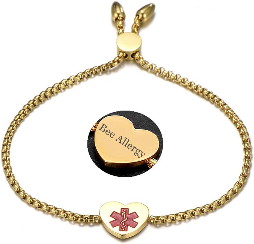 Murinsar Free Customized Adjustable Stainless Steel Medical Alert Identification ID Bracelet Emergency Allergy Awareness Bangle for Adults Kids,Gold,Silver