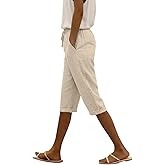peassa Womens Shorts Summer Elastic Waist Drawstring Bermuda Short Knee Length Casual Capri Pants with Pockets