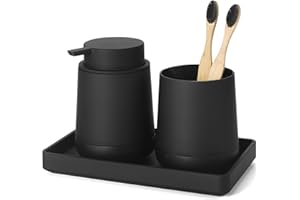 Black Bathroom Countertop Accessories Set - Soap Dispenser and Toothbrush Holder with Silicone Boot,Vanity Tray (Black Liquid