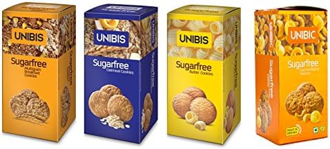Sugar Free COMBO Cookies - Multigrain, Oatmeal, Butter and Cashew Cookies - Pack of 4 X 75 Grams - 10.6 Ounces - UNIBIS