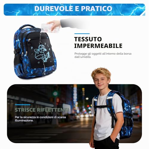 Amythe Boys Backpack - Elementary and Middle School - Complete Set with Chest Bag, Lunch Bag & Pencil Case - Teenagers Large Lightweight Waterproof Backpack for School & Travel, Blue