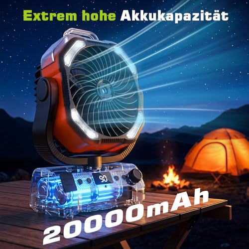 lollyes 20000 mAh Camping Fan Battery with Light, 0-100 Levels Adjustable Outdoor Fan with Spray Function and Remote Control, Quiet Table Fan with Timer, 360° Hook for Tent Fishing