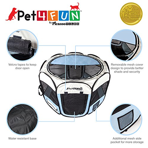 PicassoTiles PET4FUN PN935/PN945 Portable Pet Puppy Dog Cat Playpen Crates Kennel w/Water Resistant 600D Oxford, 210D Nylon, Carrying Bag, Collapsible Bowl, Removable Mesh Cover 2 Sizes