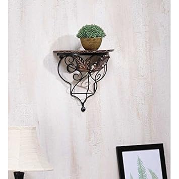 Onlineshoppee Wood & Wrought Iron Hand Carved Leaf Design Wall Shelf Floating Wall Shelves