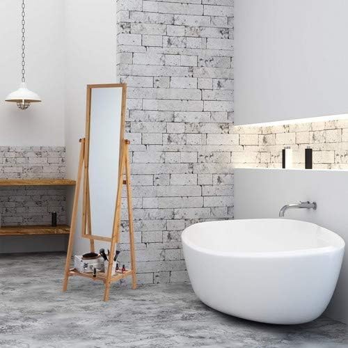 Relaxdays Bamboo Free-Standing Mirror, Swivel-Mounted, Bedroom Mirror with Drawer, HWD: 160x40x36 cm, Natural - Image 3