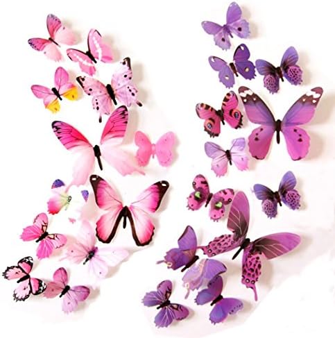 Epy Huts Kids' Wall Sticker Art Decor 3D Lively Butterflies DIY Art Wedding Decor Crafts 24 Pcs,12 Purple,12 Pink