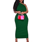 LAGSHIAN Women Sexy One Shoulder Plus Size Sleeveless Ruched Bodycon Long Party Dress