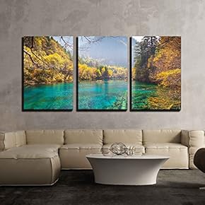 3 Piece Canvas Wall Art - Jiuzhaigou Valley Scenic and Historic Interest Area, Sichuan, China - Modern Home Art Stretched and Framed Ready to Hang - 16"x24"x3 Panels