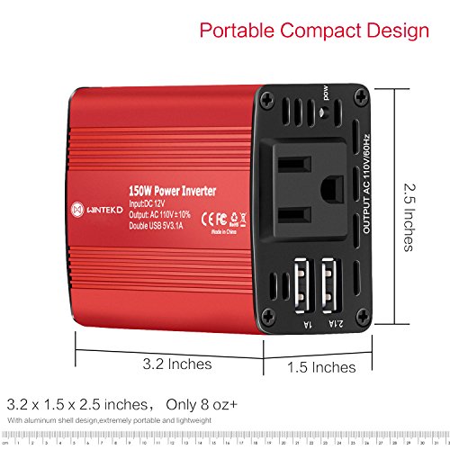 WINTEKD 150W Car Power Inverter DC 12V to 110V AC Converter with 3.1A Dual USB Charger Adapter (Red)
