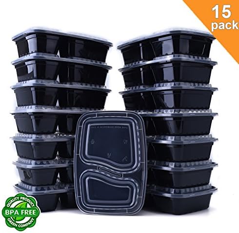 Meal Prep Containers, 15-Pack 2 Compartment Bento Box with Lids - Stackable, Reusable, Leak Resistant, Microwaveable &amp; Dishwasher Safe, BPA-Free Portion Control Food Storage Containers (28oz)