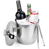 Ice Bucket with Tongs and Lid,Fortune Candy Double Walled Insulated Stainless Steel Ice Bucket for Parties Bar Freezer,Dishwasher Safe,Silver,0.8Gal/3L