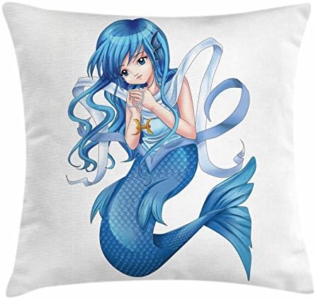 carrotdnrl Zodiac Pisces Throw Pillow Cushion Cover, Manga Style Illustration of Blue Haired Mermaid Girl Holding a Zodiac Sign, Decorative Square Accent Pillow Case, 18 X 18 Inches, Multicolor