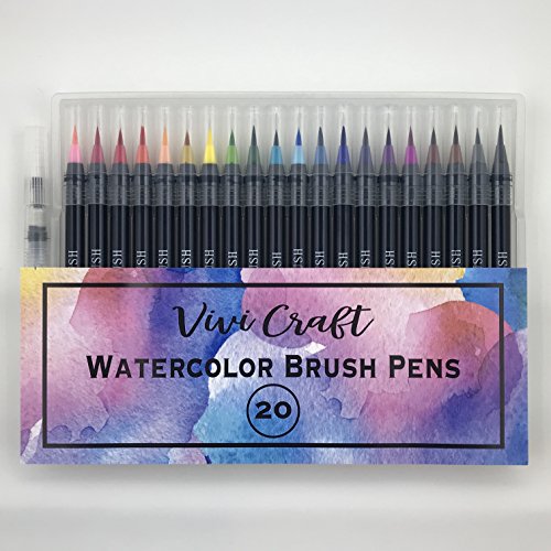 Vivi Craft Watercolor Brush Pen Set - 20 Colors Plus Refillable Water Blending Pen - Watercoloring Marker Pens - Soft Flexible Brushes and Fine Tips for Painting, Adult Coloring, Calligraphy, Kids Art