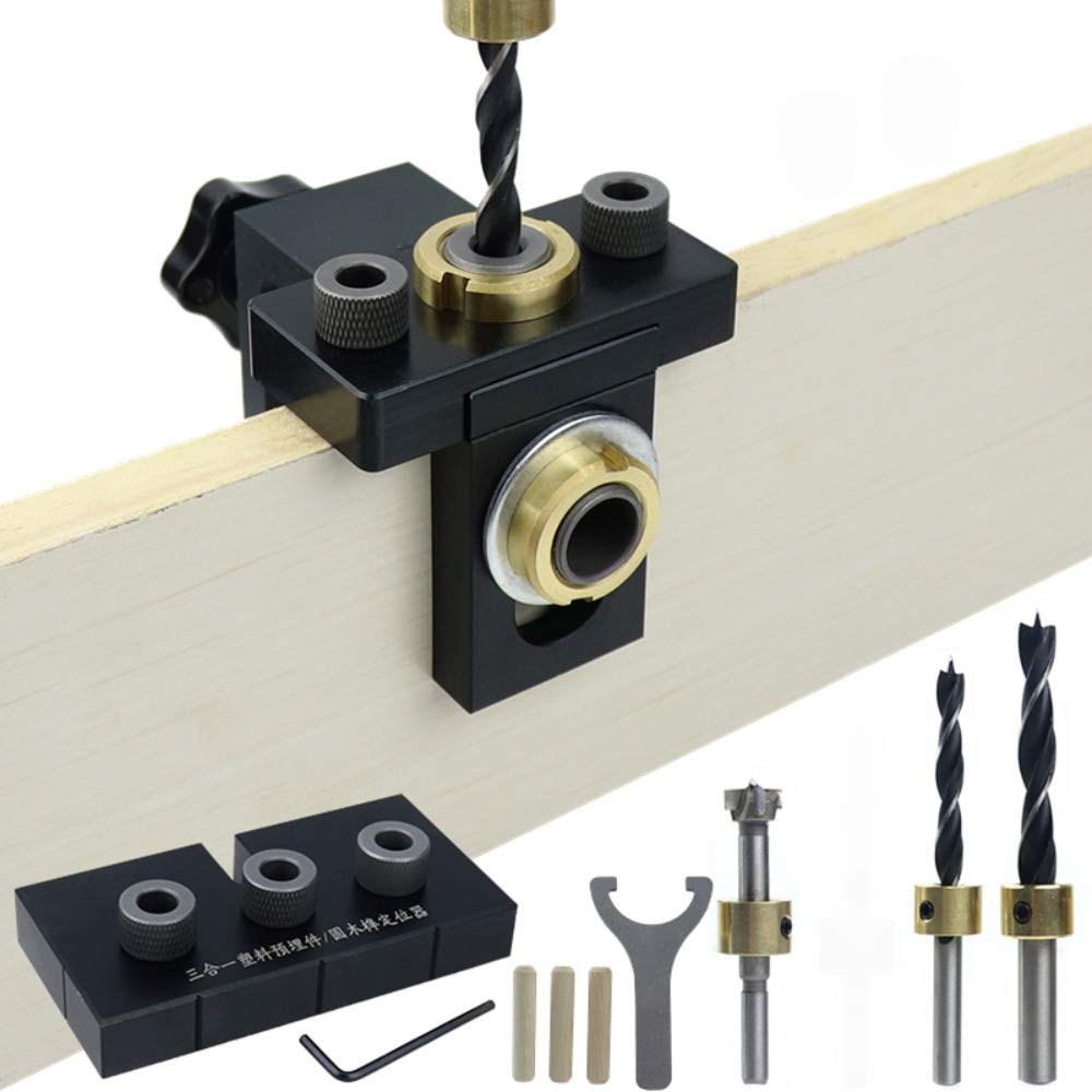 ArtisanShow 3-in-1 Adjustable Woodworking Drilling Locator Self Centering Dowel Drill Guide Kit,3-Hole Woodworking Doweling Jig Positioning Locator,8/10mm Pin Fixture Wood Hole Drill Bit Set
