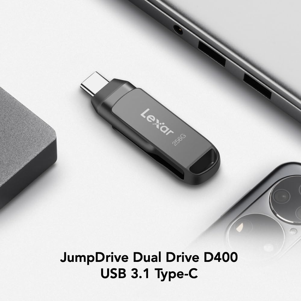 Lexar 256GB JumpDrive Dual Drive D400 USB 3.2 Type-C & Type-A Flash Drive for Storage Expansion, Photo Back-up for iPhone 15, Up to 130MB/s, Metal Housing & Swivel Design, Titanium (LJDD400256G-BNQNU)