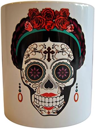 Sugar Skull Red Frida Traditional 11-Oz Porcelain Coffee, Tea, Beverages Cup, Stylish, Amazing, Perfect Gift | Present, Souvenir Mug