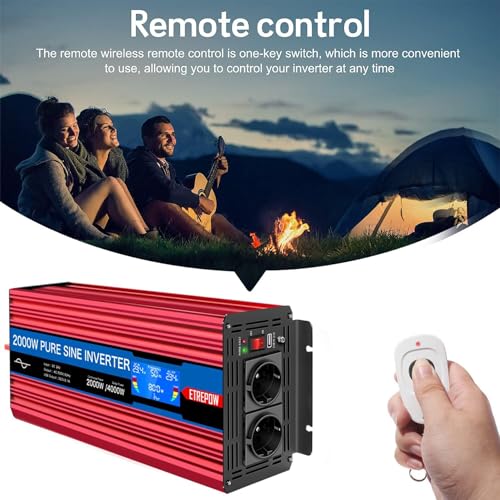 ETREPOW 2000W Inverter 24V 220V Pure Sine Wave Transformer with 2 EU Sockets and USB, Wireless Remote Control, LCD Display, Peak 4000W