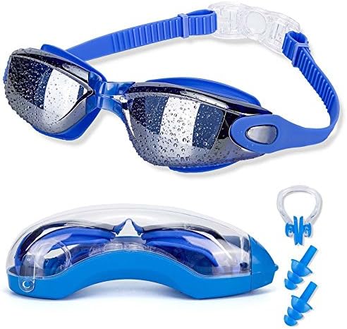 Swim Goggles with Nose Clip + Ear Plugs + Case, Clear No Leaking Anti Fog UV Protection Triathlon Swimming Glasses for Adult Men Women Youth Kids Child