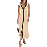 Saodimallsu Womens Summer Button Down Sweater Dresses Sleeveless V Neck Casual Ribbed Knit Color Block Midi Tank Dress