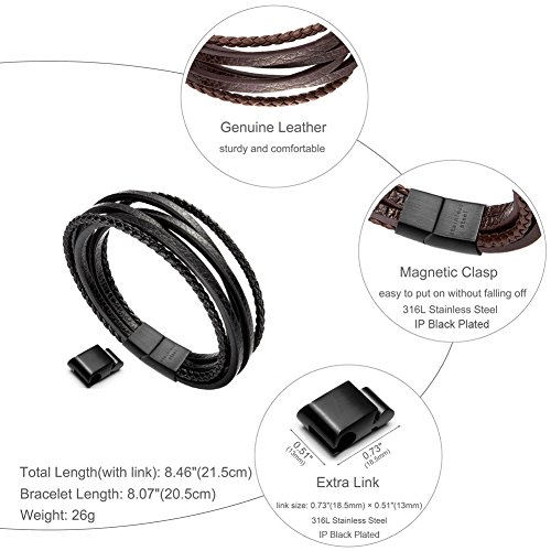 murtoo Leather Bracelet For Man-Clasp Cowhide Braided Multi-layer Wrap Mens Bracelet, (Black New,8.7'')