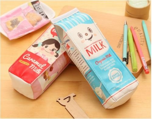 BONTOUJOUR 2 Pcs Cute Milk Box Pattern Pencil Box Crochet Hook Knitting Needle Case Pencil Bag Pocket (1 Red+1 Blue)