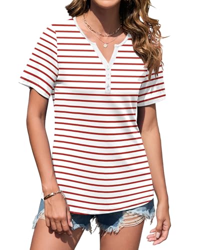 WNEEDU Women's Summer T-shirts Short Sleeve Elegant Blouses with V Neck and Buttons Top Tshirt