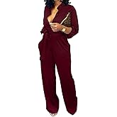 Women Jumpsuits For Elegant Sexy V Neck Long Sleeve Casual for Work Wide Leg Pants with Pockets Belt