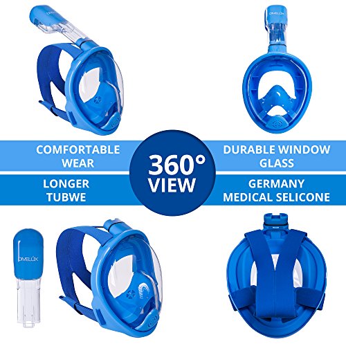 DIVELUX Snorkel Mask - Original Full Face Snorkeling and Diving Mask with 180° Panoramic Viewing - Longer Ventilation Pipe, Watertight, Anti Fog & Anti Leak Technology, For Kids (Blue, XS) - Thumbnail 5