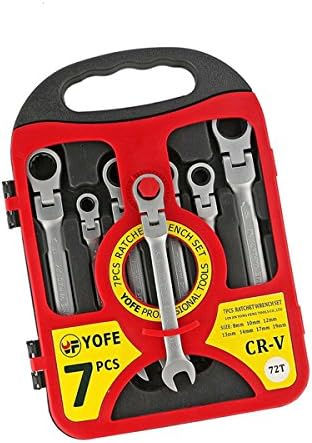 7 Pieces Flexible Combination Ratchet Wrench Spanner Set(CR-V, 8/10/12/13/14/17/19 mm) (Red)