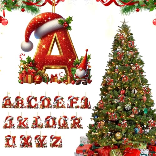 26 Letter Christmas Tree Pendant, Acrylic Alphabet Ornaments, Personalized Christmas Decorations, DIY Letter Hanging Decor, for Home, Tree, Wall, Fireplace Festive Decor (A)