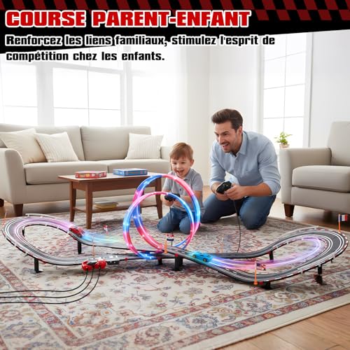 colmanda Circuit Voiture Electrique, Lumineuse Circuit Voiture Enfant 1:64 Piste De Course - 4 LED Voitures, 360° Cercle, Prise, Compteur de Tours, Piste Voiture Enfant 6-12 Ans Jouets Cadeau (L)