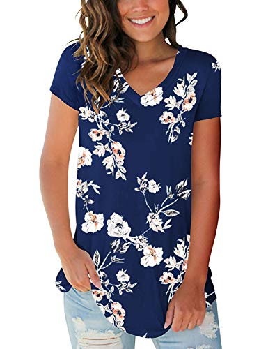 Women's T Shirts Short Sleeve V-Neck Loose Casual Basic Tee Tops Summer T-Shirt (Floral-Navy QW, Medium)