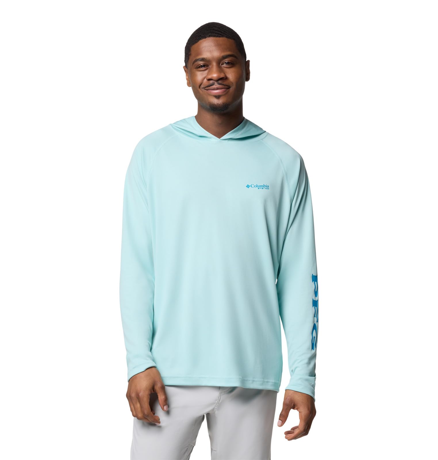 Columbia Mens PFG Terminal Tackle Long Sleeve Fishing Hoodie, Spray/Blue Echo Logo, 3X