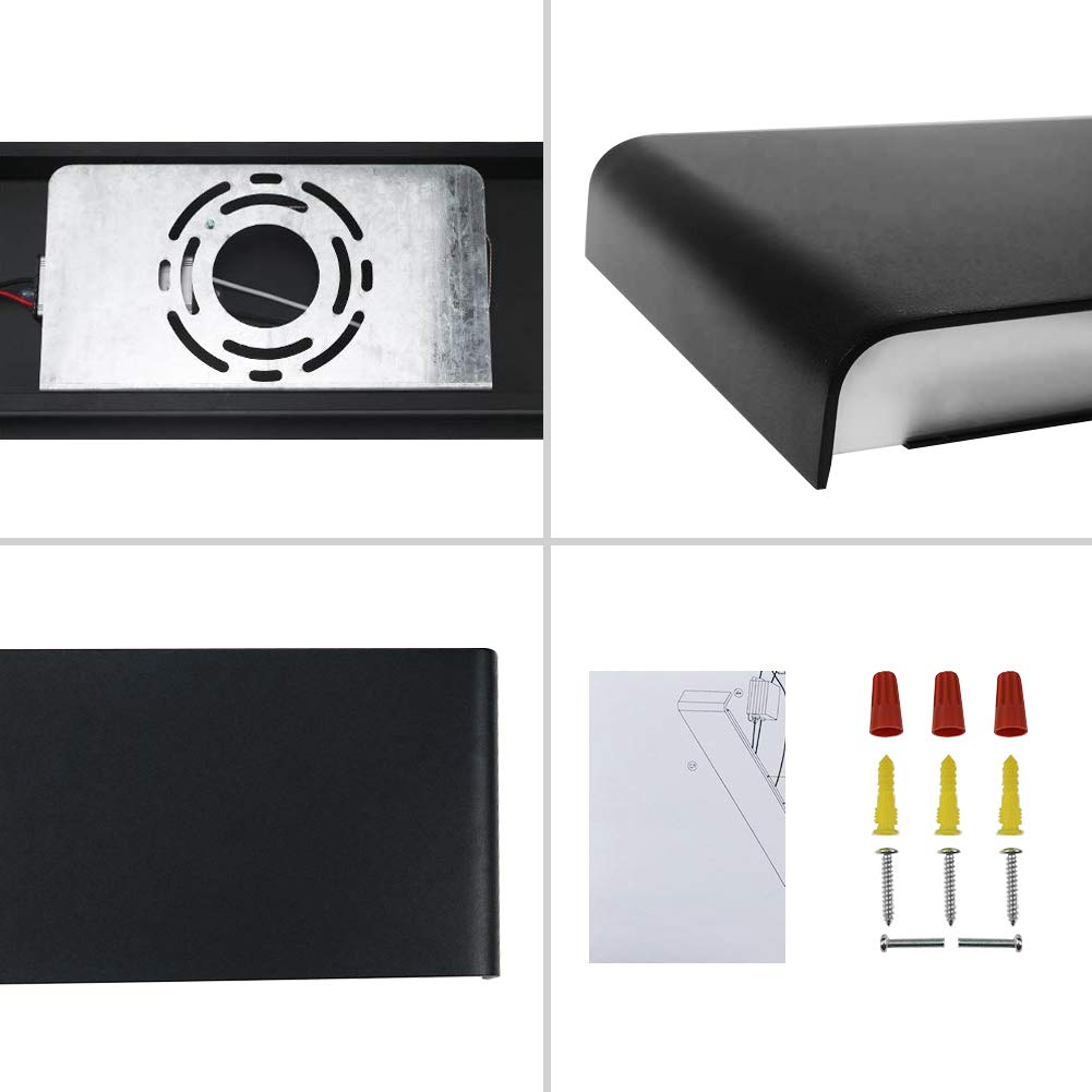 Components of the Ralbay Modern Black Bathroom Vanity Light, including the mounting plate, fixture detail, and hardware.