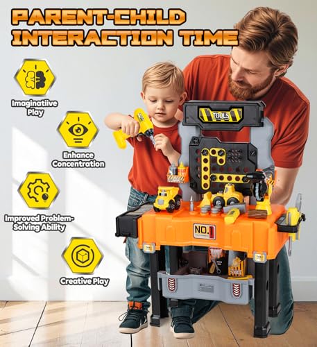 Lehoo Castle Kids Workbench, Tool Kit with Drill and Removable Construction Vehicle, 2in1 Toolbox and Tool Bench, STEM Educational Toys for 2-3 Years Old Kids