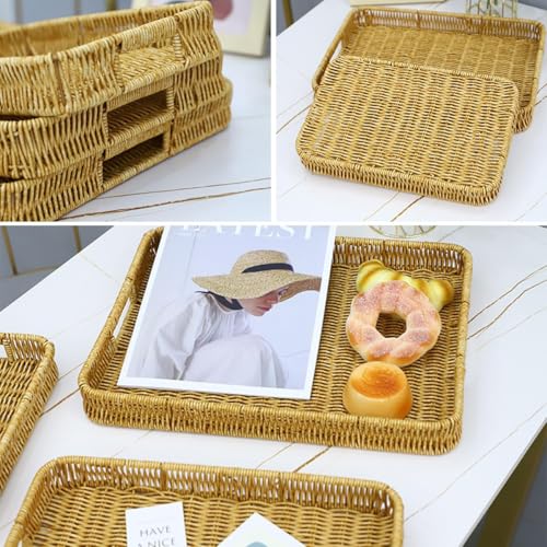 Rectangle Rattan Serving Trays with Handles, Decorative Woven Wicker Organizer Baskets Storage Tray for Coffee Table, Bread, Fruit, Snacks 2 Pack