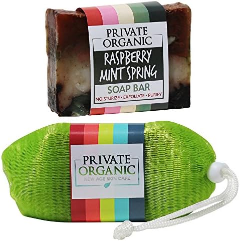 All Natural Vegan Bar Soaps - USDA Certified Organic- Handmade - Exfoliating &amp; Moisturizing- Beautiful Scent- Best For Body/ Face/ Hands - With Soap Saver Pouch (Raspberry Mint Spring)