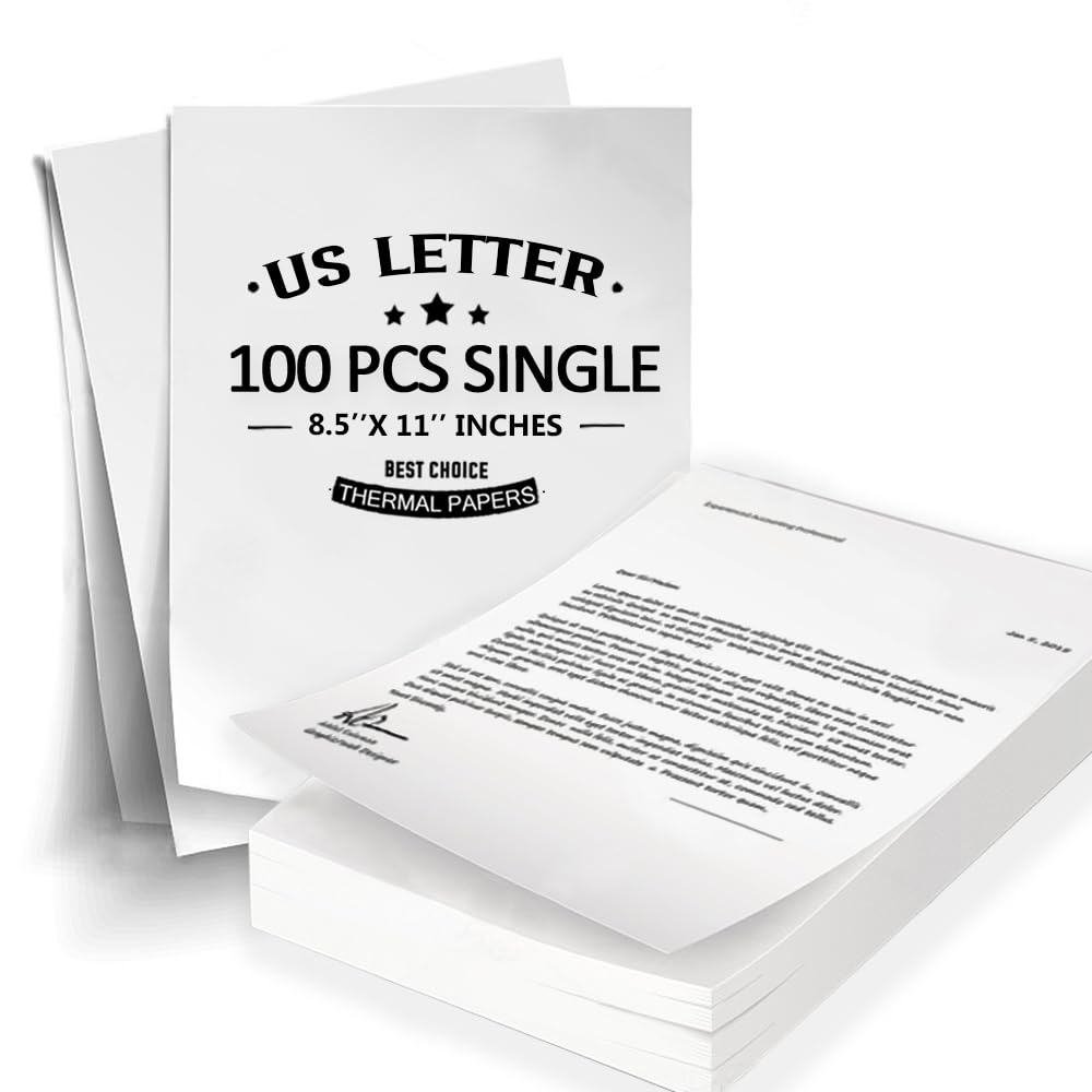 Photo 1 of 100 Sheets Single Thermal Paper 8.5 x 11 White US Letter Size for Portable Printer, Compatible with Thermal Printer, A285M/ PD-A4/ M08F-Letter/ D810 etc Portable Printers Wireless for Travel