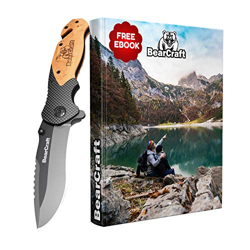 BearCraft Klappmesser in Carbon Design mit **GRATIS eBook** | Outdoor Survival Taschenmesser | Einhand-Rettungsmesser mit Glasbrecher und Gurtschneider – Bild 6