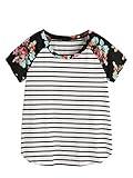 ROMWE Women's Floral Print Short Sleeve Tops Striped Casual Blouses T Shirt Black S