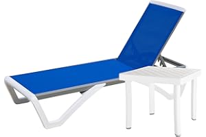 DOMI OUTDOOR LIVING Domi Pool Lounge Chair Aluminum Adjustable Outdoor Chaise Lounge,All Weather Plastic Poolside Lounge Chair with Table for Deck Lawn Backyard, Blue Textilene