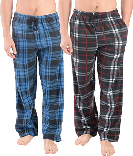 Active Club Fleece Lounge Plaid Pajama Pants for Men - Adjustable Waistband, Navy-Green Sky/Black-White Plaid, 2X