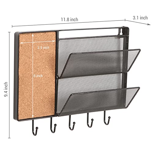 MyGift 12Inch Black Metal Hanging Mail Organizer and Key Rack Command