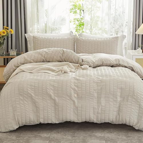 Freyamy Seersucker Bettwäsche 155x220 Beige Geprägt Gestreift BettwäscheSet