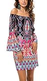Mintsnow Women Bohemian Pattern Printed Loose Fit Off Shoulder Shift Dresses,Black,X-Large